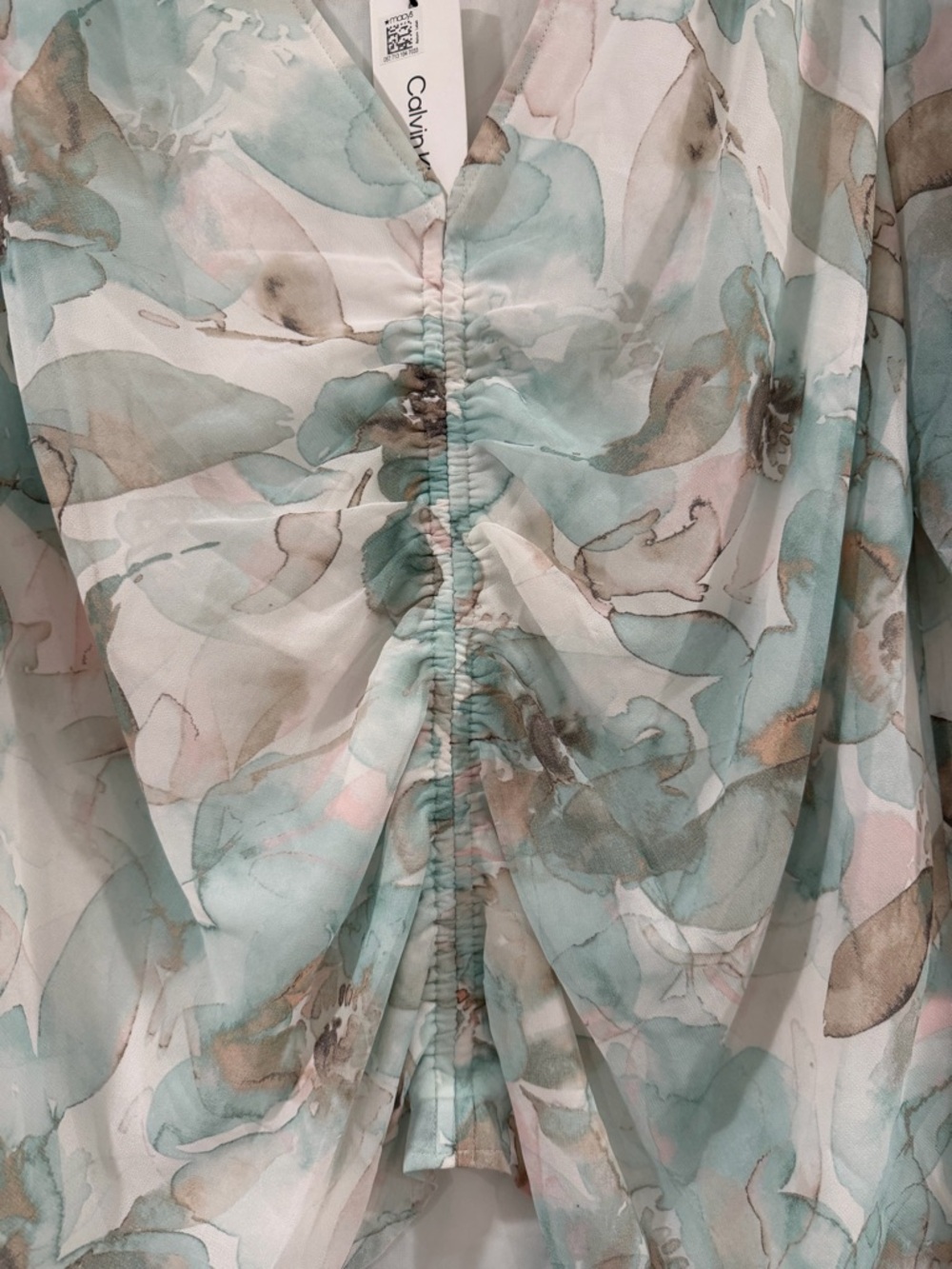 Calvin Klein Sheer Aqua Floral Ruched V-Neck Blouse - Picture 2 of 7